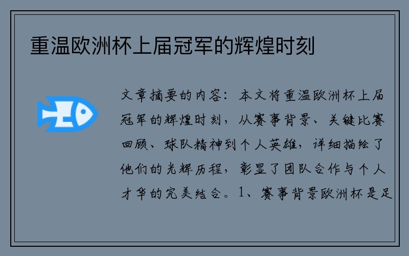 重温欧洲杯上届冠军的辉煌时刻